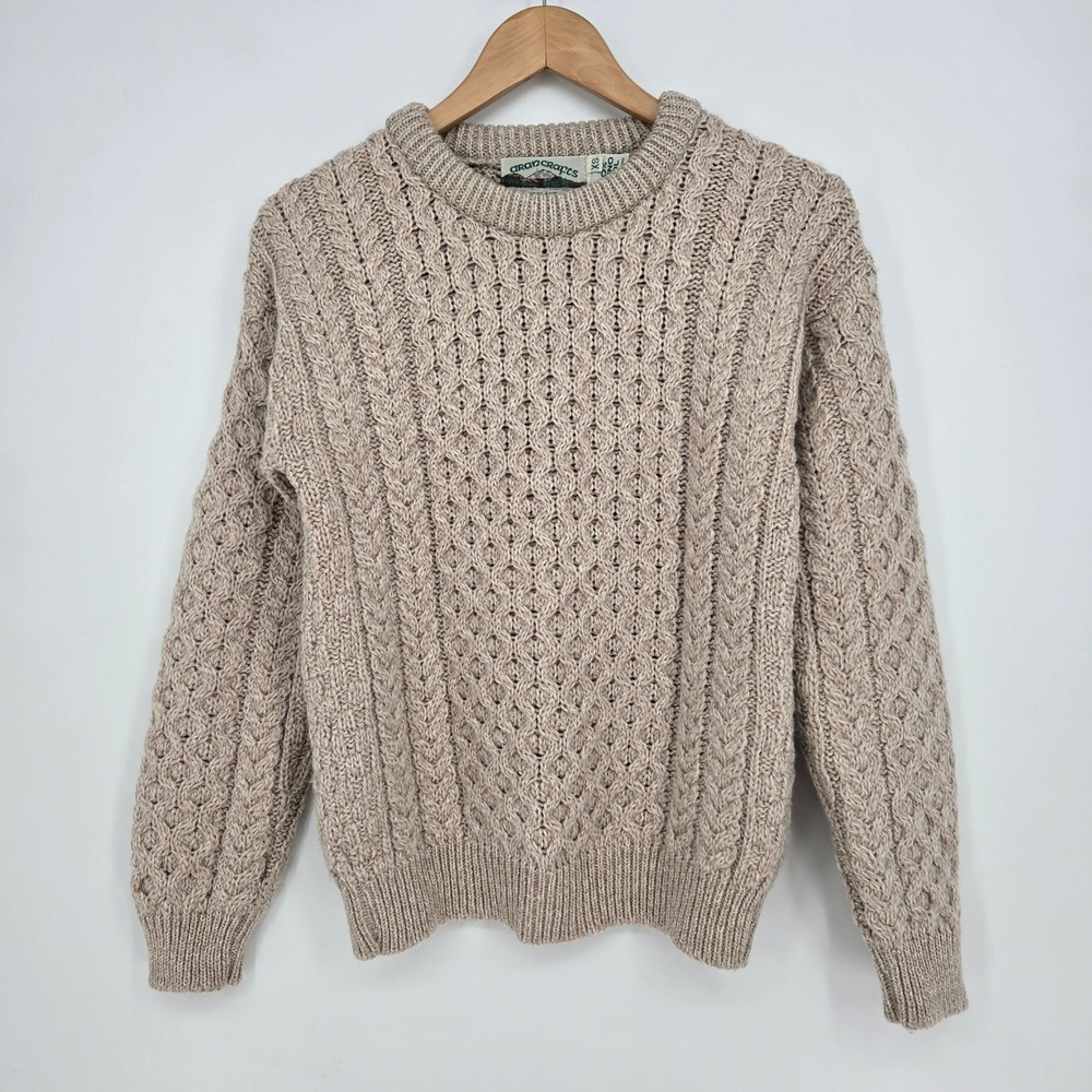Vtg 100% Merino Wool Mens XS Oatmeal Cable Knit Pullover Sweater Aran Crafts EUC